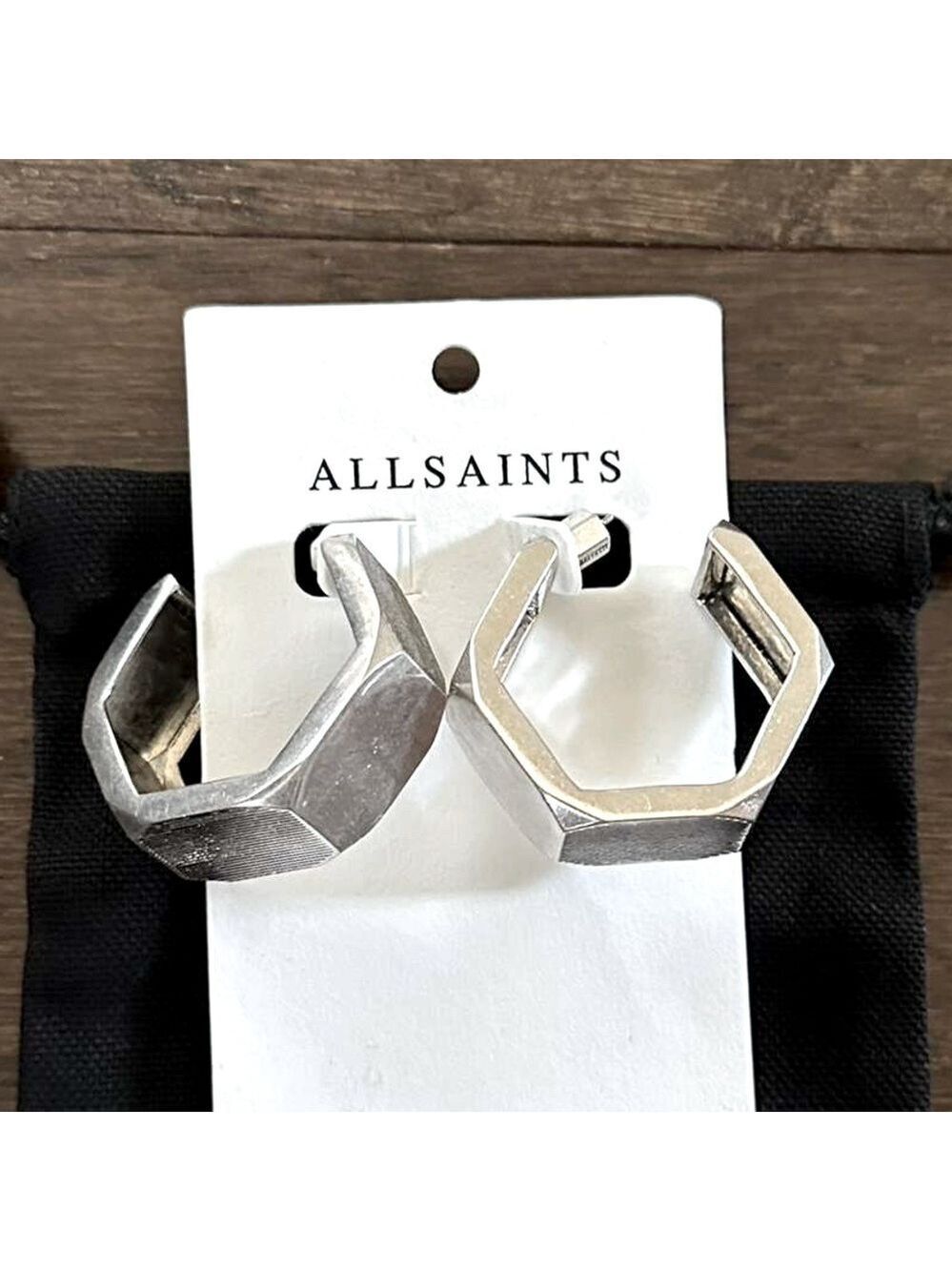 ALLSAINTS-Alex Chunky Hexagon Hoop Earrings-Silver-NWT - Picture 3 of 11